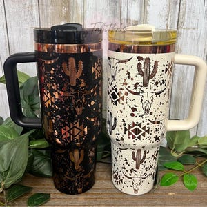 Laser Engraved SouthWestern Tumbler | Cactus & Longhorn Aztec Pattern | Personalized Stanley, Simple Modern, or Non-Branded Cups