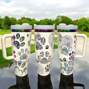Laser Engraved Paw Print Tumbler | Mandala Paw Design | Dog Paw Print | Personalized Stanley, Simple Modern, or Non-Branded Cu