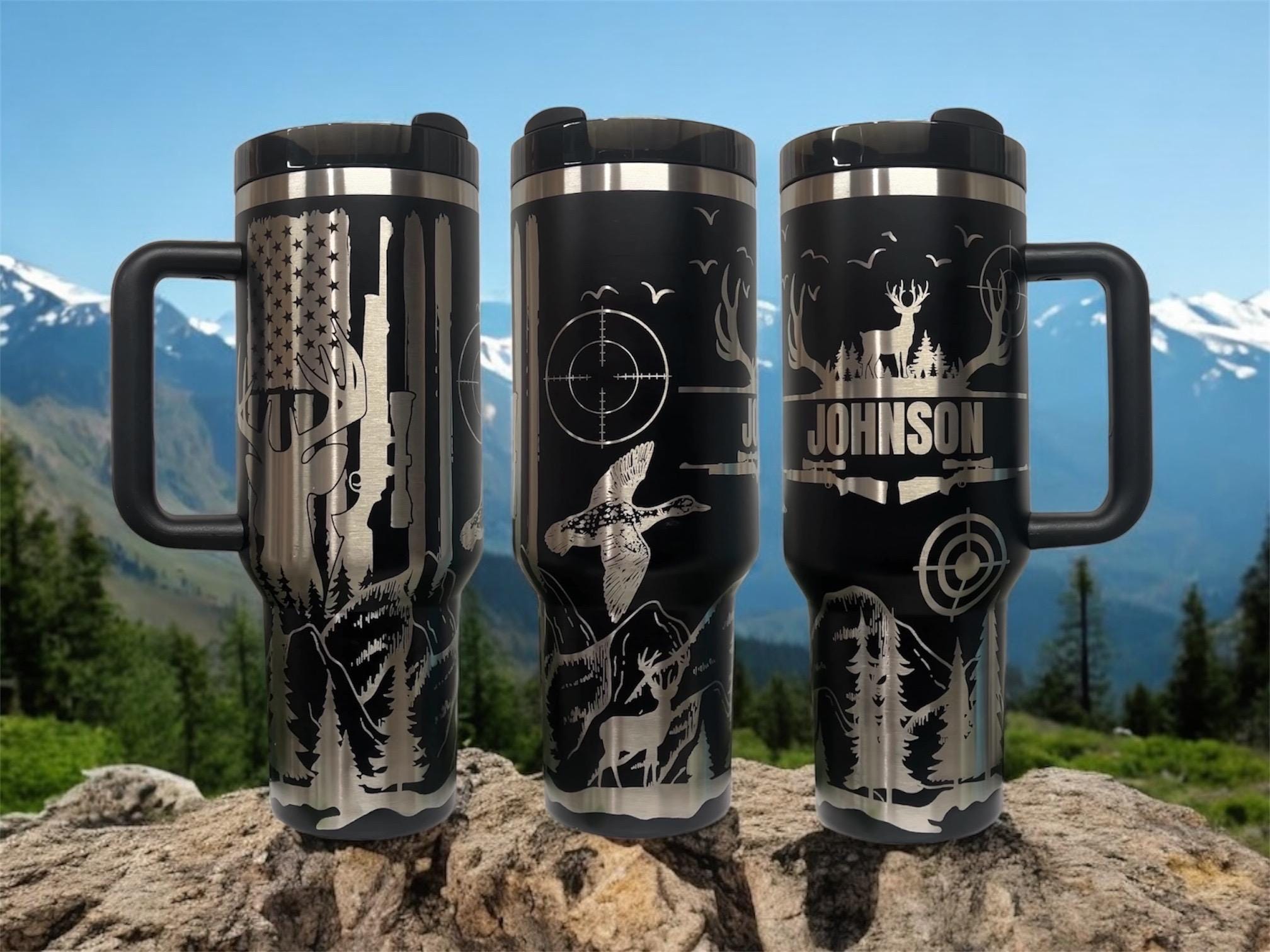 Laser Engraved Hunting Scene Tumbler | Engraved Deer, Duck, Rifle & Flag Design| Personalized Stanley, Simple Modern, or Non-Branded Cups