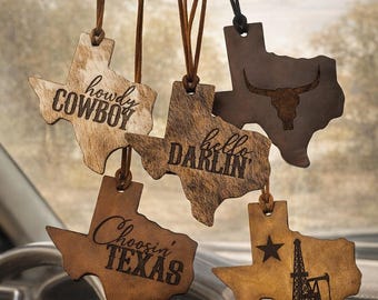 Custom Texas Shape Genuine Cowhide Car Charm | Engraved Leather Car Freshener | Western Car Accessory