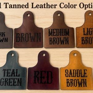 May include: Seven oil tanned leather swatches arranged in two rows, each with a hole at the top. The text Oil Tanned Leather Color Options appears at the top. Labels include Dark Brown, Brown, Medium Brown, Light Brown, Teal Green, Red, and Saddle Brown.