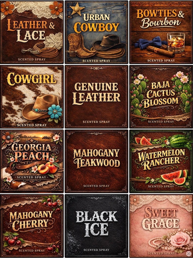 May include: A collection of twelve square labels for scented spray products, each featuring distinct themes including Leather & Lace, Urban Cowboy, Bowties & Bourbon, Cowgirl, Genuine Leather, Baja Cactus Blossom, Georgia Peach, Mahogany Teakwood, Watermelon Rancher, Mahogany Cherry, Black Ice, and Sweet Grace.