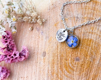 Pendant "forget-me-not" unique, expressive resin jewelry silver necklace