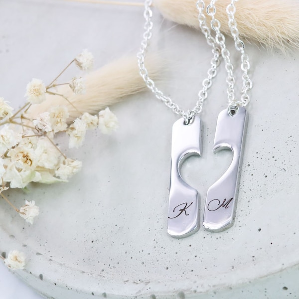 Silver Set of 2 Heart Partner Necklace Friendship Necklace Engraved Name Necklace ID Date Symbol Partner