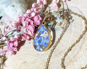 Pendant "forget-me-not" drops, expressive resin jewelry Gold necklace chain