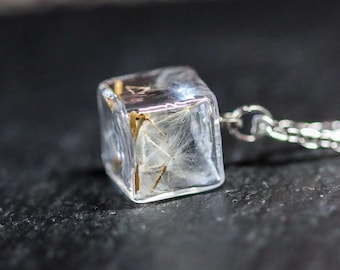 Dandelion glass cube pendant