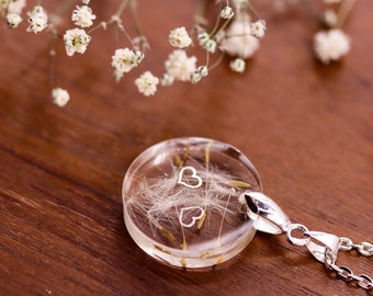 Pendant "Double Heart Dandelion" unique, expressive resin jewelry silver necklace chain