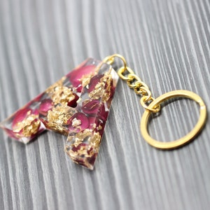 Letters Resin Rose dried, real flowers in resin with gold leaf key chain