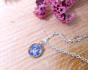 Pendant "forget-me-not" unique, expressive resin jewelry silver necklace