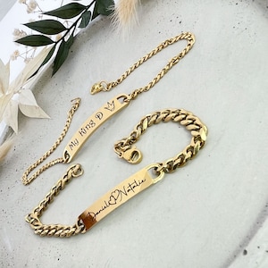 Juego de oro de 2 socios Pulsera Grabado Nombre Collar ID Fecha Símbolo Socio