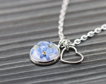 Heart Pendant "forget-me-not" unique, resin jewelry necklace white background