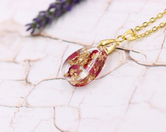 Rose and Gold Leaf unique, resin jewelry necklace chain