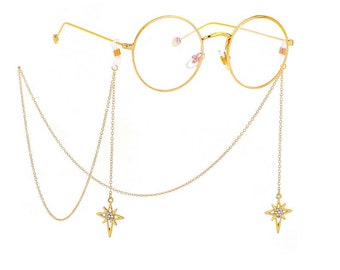 Chaîne de porte-lunettes Star Cross, chaîne de lunettes de soleil, chaîne de lunettes à pompons, chaîne de lunettes pendentif Charms, chaîne de lunettes en argent doré, collier