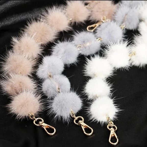 Lovely Fluffy Pompom Fur Purse Strap, Shoulder Bag Chain, Crossbody Chain Strap With Gold Clasps, Furry Handbag Handle, Cute Strap For Purse