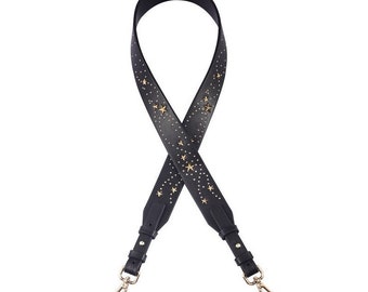 3cm / 1.1" Width, Punk Rivets Spike Stars Leather Purse Strap, Shoulder Handbag Handle, Crossbody Bag Chain, Black Replacement Strap Supply