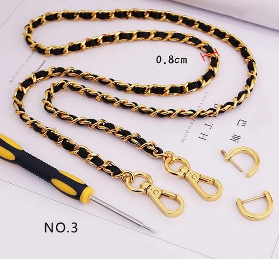 8mm 24K Gold Plated Bag Chain, Copper and Caviar Leather Purse Strap Chain,  Shoulder Bag Handle, for Crossbody Handbag, Finished Metal Chain 