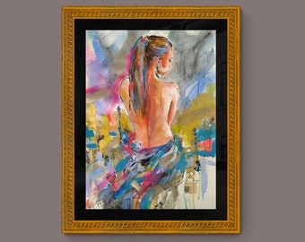 Ethereal,nude woman painting on paper,woman back art,abstract woman art,figurative art,colorful art