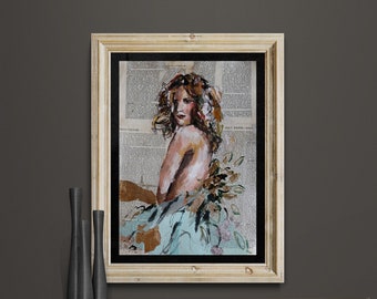 Original Woman Painting on Paper,Woman Acrylic Painting,Figure Painting,Figurative Art,Gold Leaf Art,Vintage Pages Artwork,Mixed Media Art