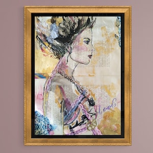 Ritratto di donna su pagine di libri vintage, Ritratto di donna originale, Arte di libri vintage, Acquerello e arte mista su carta Vinage, Immagine Woamn