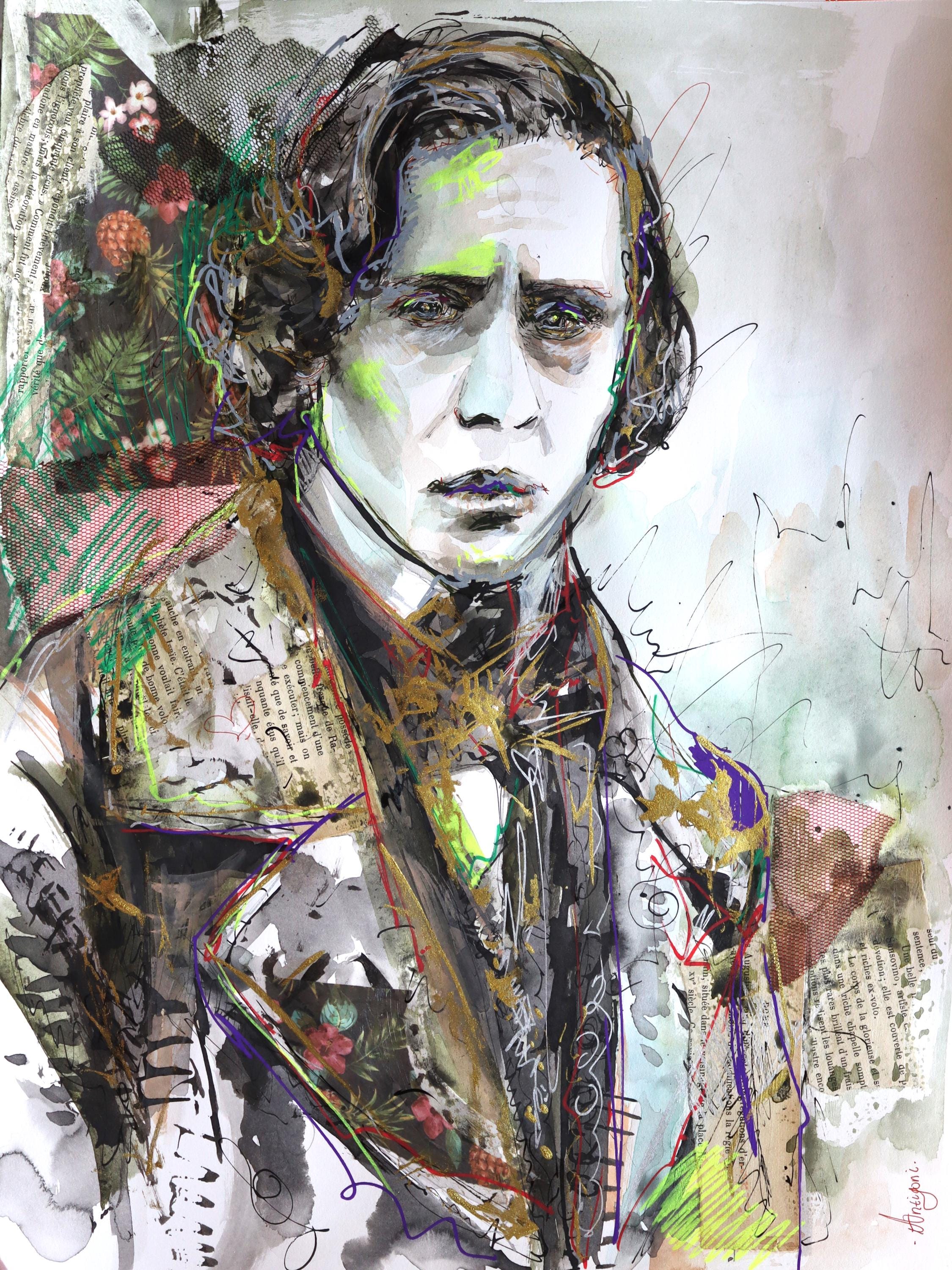 ドイツの作曲家ベートーヴェンの肖像画人物画油彩油絵額は金属製のフレーム