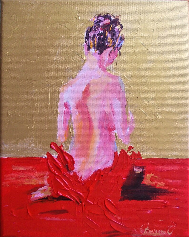 Peinture Nu Peinture Acrylique Nue Femme Dos Nu Or Et Rouge Etsy