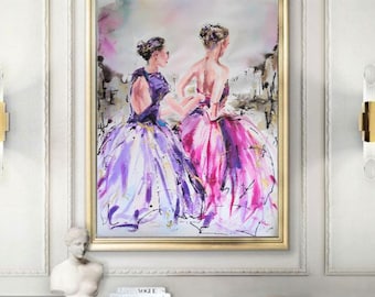 Ballerina painting,original watercolor,mixed media ballerina art,two ballerinas,pink and purple,ballet wall art,ballerina watercolor artwork