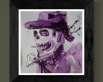 Skull Art, Gothic art, Day of the Death,  Halloween, Gift for Him, Gothic ,Purple and Grey Drawing,Eclectic Wall Art,Skull with Hat,Purple