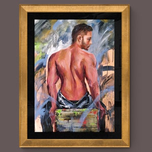 Original man painting on wood,man wall art,acrylics and copper leaf on wood,man back art,man original painting,man sitting,man wall decor