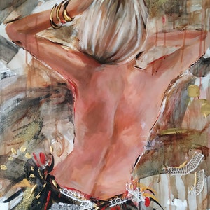 Woman painting on wood,woman back art,female art,figurative art,woman back nude,mixed media painting,original artwork,nude art,figure art image 1