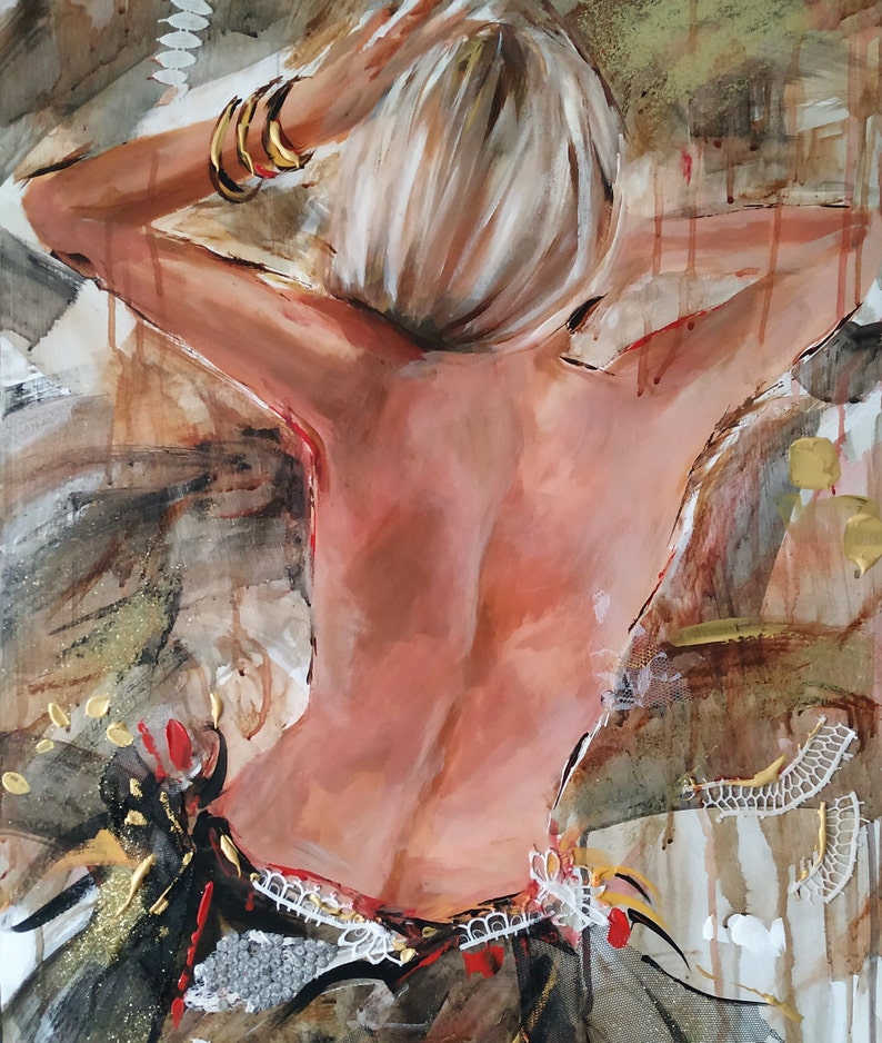 Woman painting on wood,woman back art,female art,figurative art,woman back nude,mixed media painting,original artwork,nude art,figure art image 1