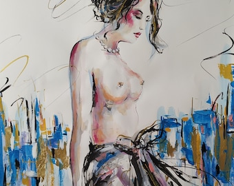 Original Figurative Mixed Media Painting,figurative Watercolor,Nude Woman,Naked Woman,Blue Painting,Blue Watercolor,Nude Watercolor Artwork