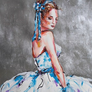 Original Ballerina Painting,Woman Painting,Romantic Painting,Ballet Art,Ballerina Wall Art,Blue and White Art,Silver Leaf Artwork,Ballerina