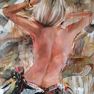 Woman painting on wood,woman back art,female art,figurative art,woman back nude,mixed media painting,original artwork,nude art,figure art image 2