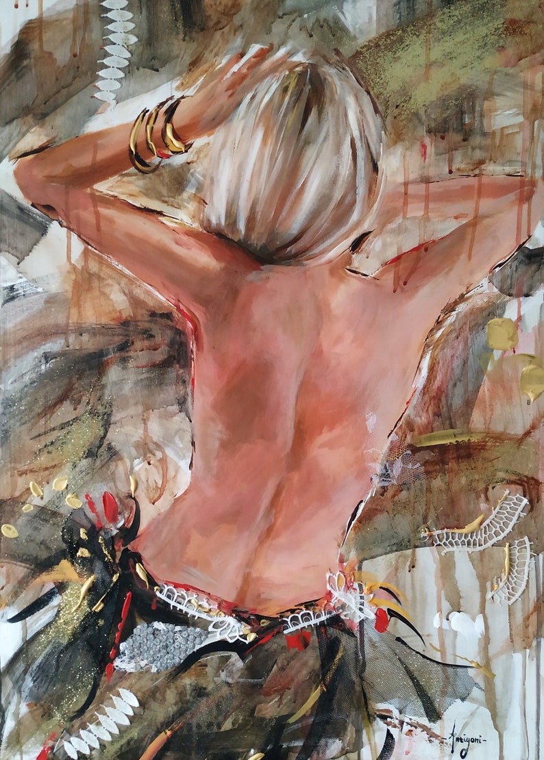 Woman painting on wood,woman back art,female art,figurative art,woman back nude,mixed media painting,original artwork,nude art,figure art image 2
