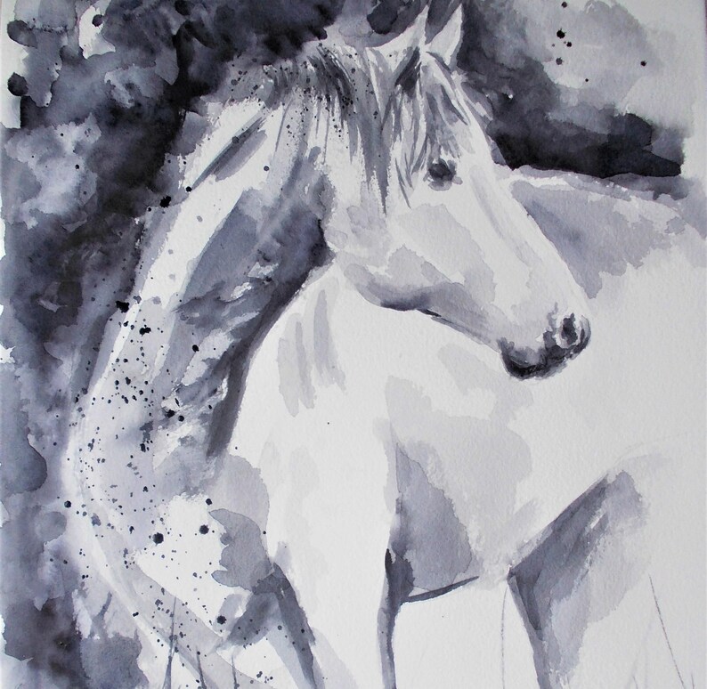 Aquarelle Noir Et Blanc Peinture aquarelle originale de cheval cheval noir et blanc | Etsy