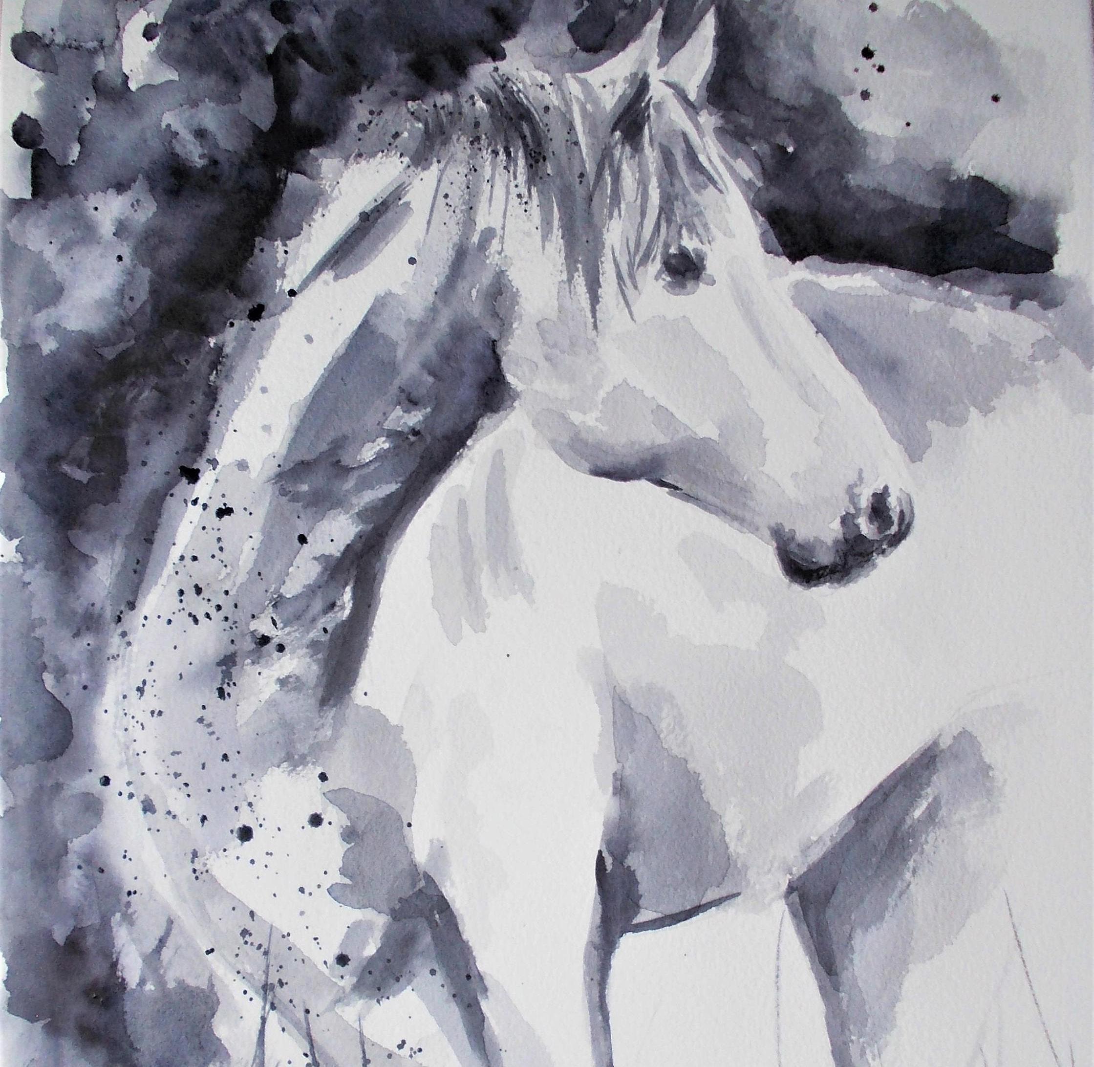 Peinture aquarelle originale de cheval cheval noir et blanc | Etsy