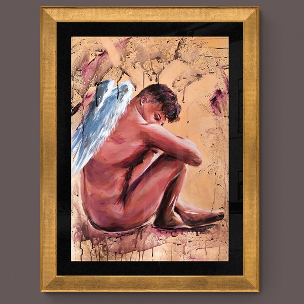 Art mural ange,homme ange peinture sur bois,acrylique et feuille de cuivre sur bois,art ange,décor mural ange,art mural homme,homme peinture,techniques mixtes