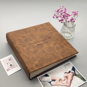 Personalized Leather Photo Album with Pockets, Slip in Album for 100/200/300 Photos, Custom gifts