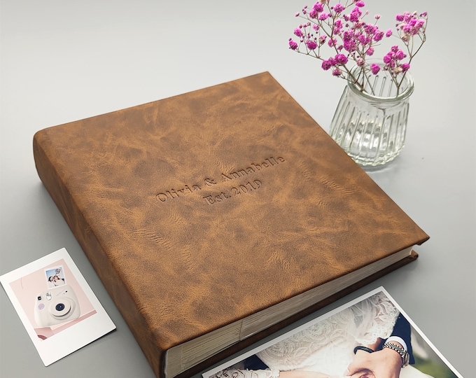 Personalized Leather Photo Album with Pockets, Slip in Album for 100/200/300 Photos, Custom gifts