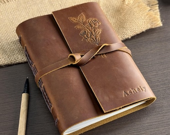 Birth Flower Personalized Journal, Birth Month Flower Leather Notebook, Custom Embossed Journal, Birth Flower Birthday Gift