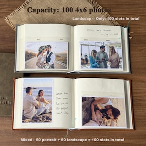 Peut inclure: Album photo ouvert avec des images de personnes. L'album a une couverture en cuir marron et contient 100 emplacements pour des photos de 10 x 15 cm. L'album comprend des photos paysage et portrait. Le texte sur l'album indique "Working Family Moments - July 11, 2016."