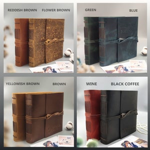 May include: Leather journals in various colors: reddish brown, flower brown, green, blue, yellowish brown, brown, wine, and black coffee. Each journal is bound with visible stitching and a leather strap closure. Some have embossed floral patterns or text.