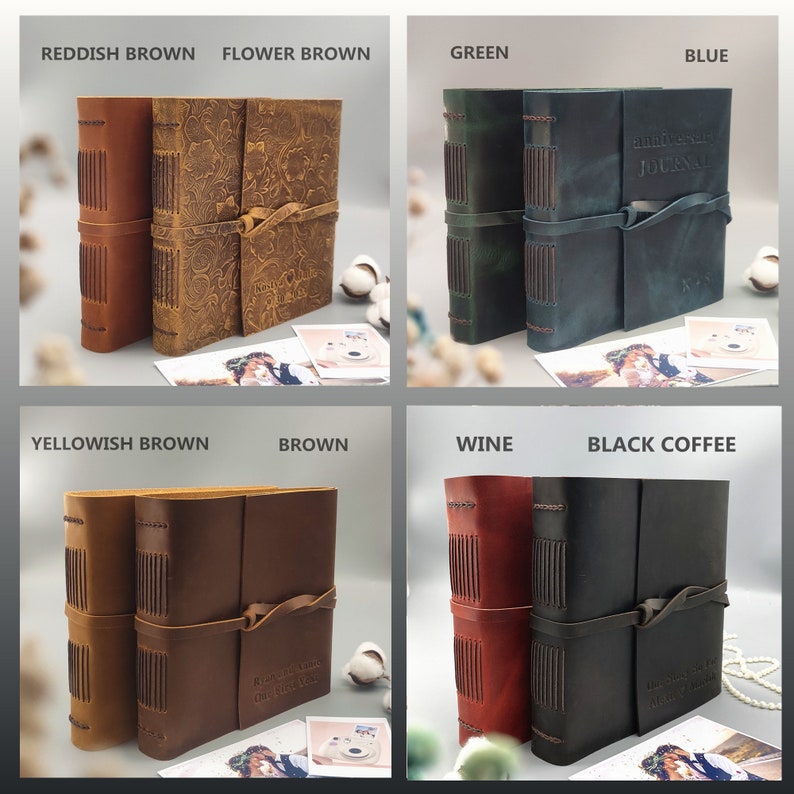 May include: Leather journals in various colors: reddish brown, flower brown, green, blue, yellowish brown, brown, wine, and black coffee. Each journal is bound with visible stitching and a leather strap closure. Some have embossed floral patterns or text.