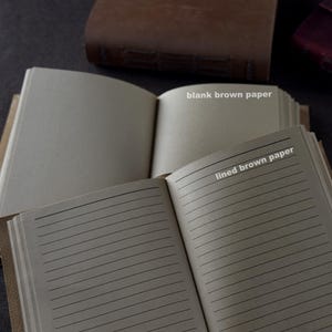 May include: Open brown leather-bound journals with blank and lined pages. The top journal has blank pages, while the bottom journal displays lined pages. The text "blank brown paper" and "lined brown paper" are visible.