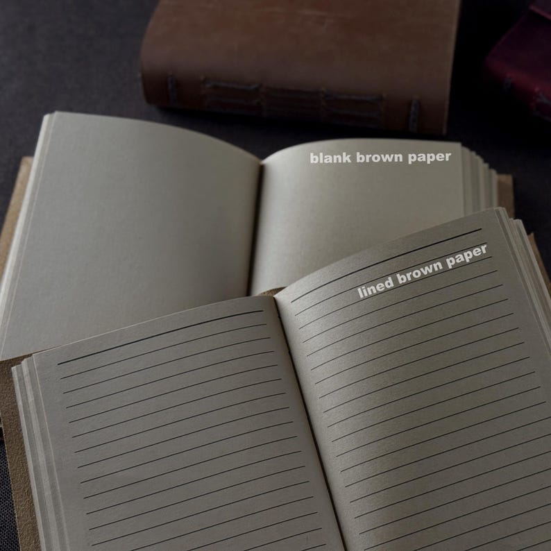 May include: Open brown leather-bound journals with blank and lined pages. The top journal has blank pages, while the bottom journal displays lined pages. The text "blank brown paper" and "lined brown paper" are visible.