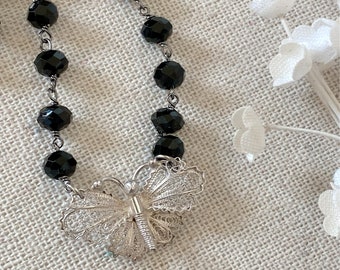 Vintage Butterfly Necklace, Silver Filigree Necklace, Beaded Butterfly Necklace, Art Deco Necklace, Black Spinel Neclace