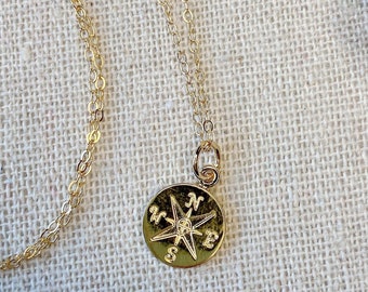 Gold Filled Charm Necklace, Compass Charm, Gold Compass Necklace, Minimalist Necklace, Gold Layering Necklace