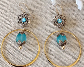 Gold Dangle Earrings, Gold and Turquoise Earrings, Drop Hoop Earrings, Filigree Earrings, Gold Filled Hoops