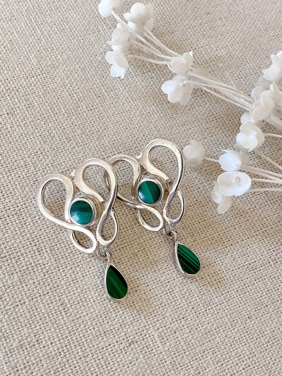 Green Malachite Dangle Earrings, Vintage Malachite