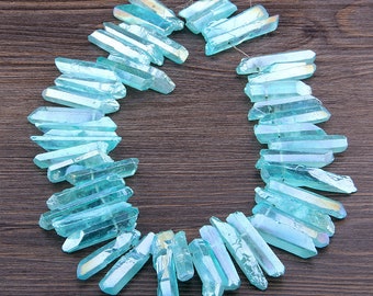 Approx 45 Pcs Top Drilled AB Blue Coated Crystal Point Raw Rough Quartz Crystal Stick Beads Craft Pendants Bulk Jewelry 5-10mmX30-45mm